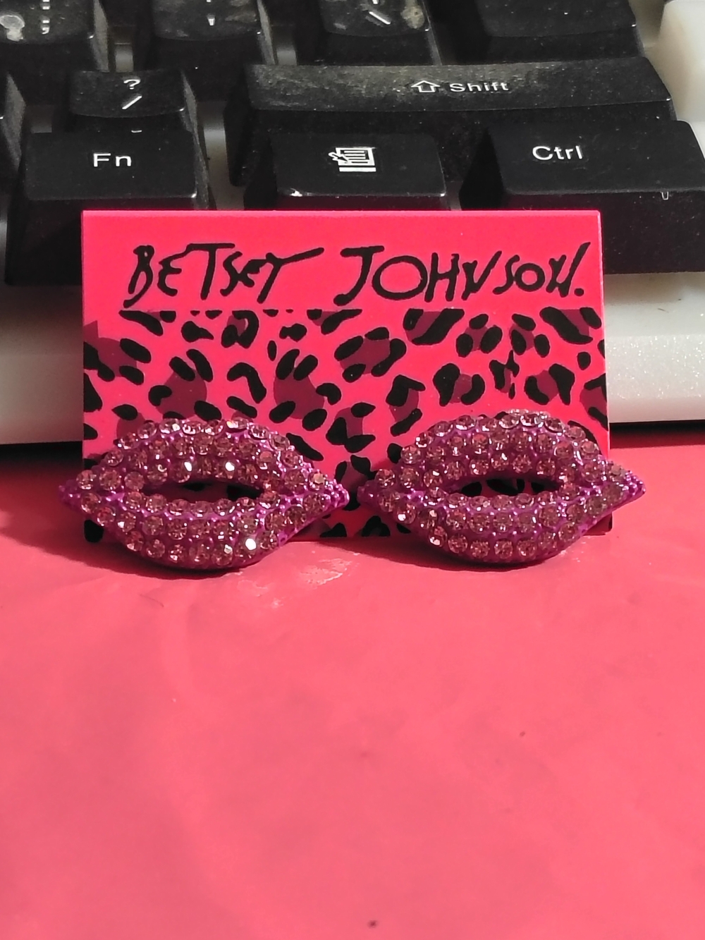 Betsey Johnson Pink Crystal Lip Stud Earrings